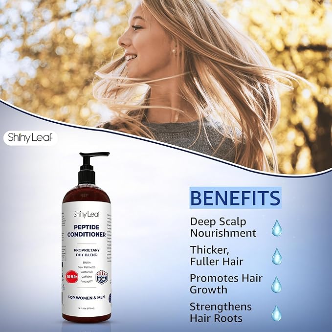 Shiny Leaf Peptide Conditioner for Hair Thinning - DHT Blocker with Biotin, Caffeine & Saw Palmetto - Sulfate Free Thickening Formula for Women & Men, Color Safe for All Hair Types, 16 fl oz