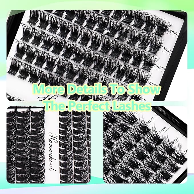 12rows-Large Tray Mixed 8-10-12-14-16mm/Mixed 14-15-16mm/Mixed14mm-16mm/Mixed 18-20mm Wide Stem Individual False Eyelashes Dramatic Black Cluster Eyelashes (Lashes Kit-14-16MM)