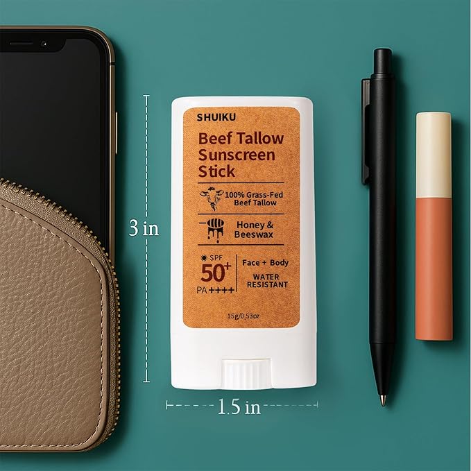 Beef Tallow Sunscreen Organic Stick SPF 50 – Non Nano Zinc Oxide Tallow-Based Mineral Sunscreen with Honey & Beeswax for Face & Body, Water-Resistant Natural Sunblock, 0.53 oz