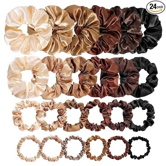 24Pcs 4 Sizes Satin Hair Scrunchies for Women Teens Girls Kids, No Damage Big & Small Soft Hair Ties Bands for Thick/Thin/Curly Hair Ponytail Holder Accessories Wrist Decor, 6 Neutral Colors,BlueZOO