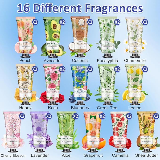 KONEUK 32 Pack Hand Cream Gift for Women, Bulk Hand Lotion Travel Size for Dry Cracked Hands, Mini Moisturizing Hand Cream for Mothers Day Gifts, Teacher Gifts, Nurse Gifts, Bridal Shower Favors