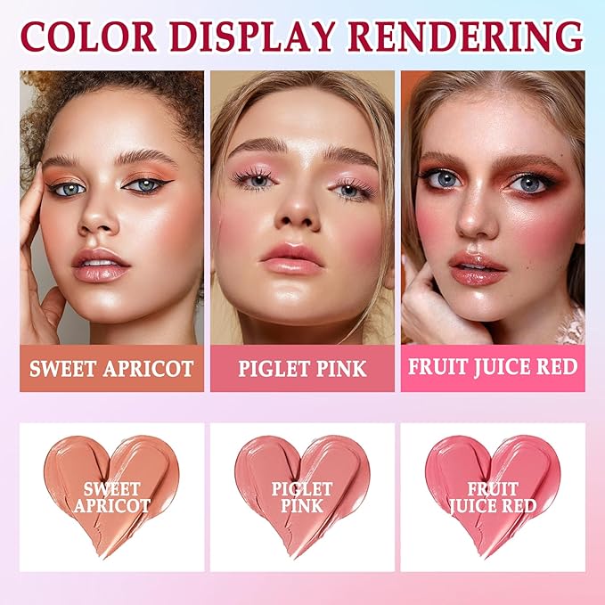3 Colors Blush Stick with Makeup Sponges,Matte Solid Cream Blush,Multi-Use Blush Stick for Cheeks,Lips and Eye,High Pigmented Makeup Sticks Set A1