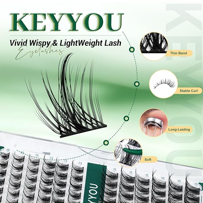 Lash Clusters,96 Pcs Cluster Lashes D Curl 16mm DIY Lash Extensions Eyelash Clusters,KEYYOU Volume Wispy Individual Lashes Soft&Comfortable Easy DIY at Home(Y09,D-16mm)