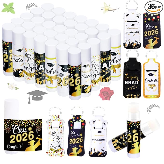 36 Pcs 2026 Graduation Gift Bulk Lip Balms Class of Graduation Party Favors Chapstick Holder Keychain and Lip Balms Set for Students Dry Chapped Lips Classmates Graduation Party