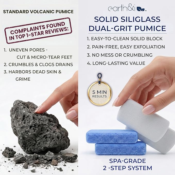 Earth & I Pumice Stone for Feet – 6-Pack Callus Remover Set | 3 Coarse + 3 Fine Dual-Grit Dead Skin Scrubber & Heel Exfoliator for Baby-Soft Feet