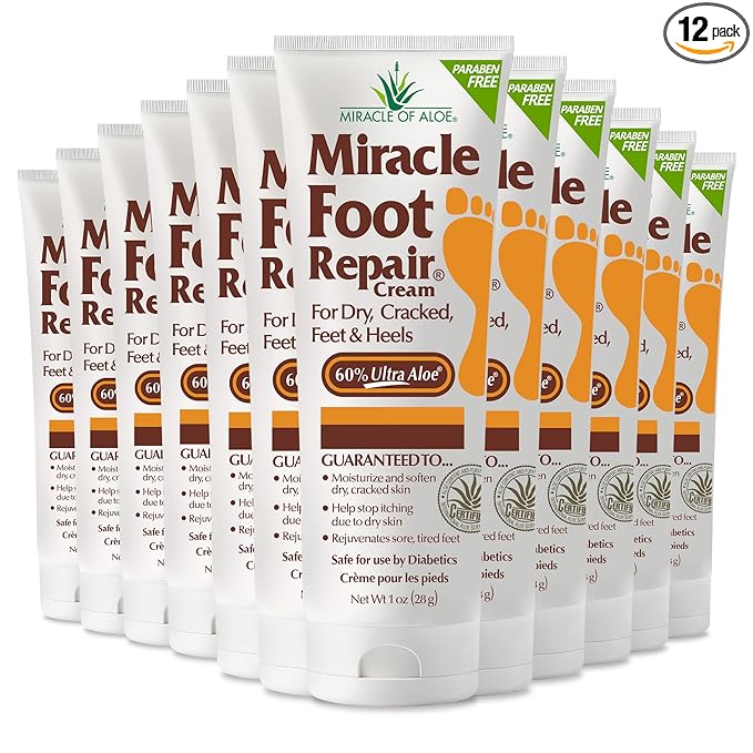 Miracle Foot Repair Cream (1 oz / 12 Pack) Repairs Dry Cracked Heels and Feet, 60% Pure Ultra Aloe Moisturizes, Softens, and Repairs
