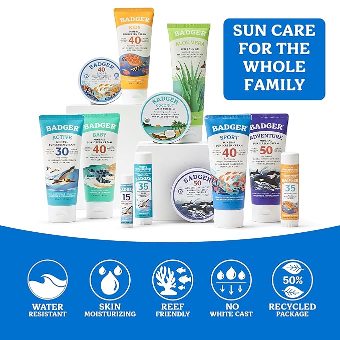Badger Sport Mineral Sunscreen, Reef Safe, SPF 40, 98% Organic with Zinc Oxide, Water Resistant, Hawaii Reef Act 104 Compliant, Unscented & Hypoallergenic, For Sports & Adventures, 2.9 fl oz