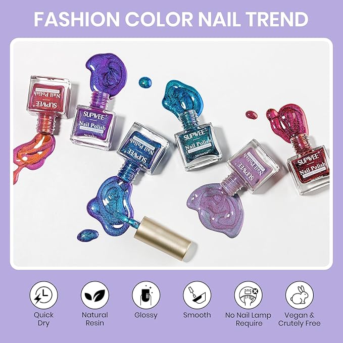 Cat Eye Nail Polish Set, Quick Dry Magnetic Nail Polish Non Gel with Magnet, Multi-Color Holographic Glitter Cateye Nail Lacquer High Glossy DIY Salon Gift for Women Girl
