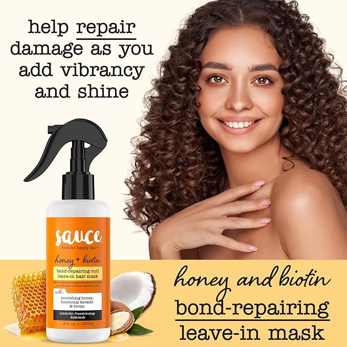 SAUCE Honey + Biotin Bond Repair Hair Mask for Curly Hair, 8 Fl Oz, Leave in Conditioner, Controls Frizz, Helps Repair Damage & Reduce Breakage with Functional Keratin, No Sulfates & Parabens