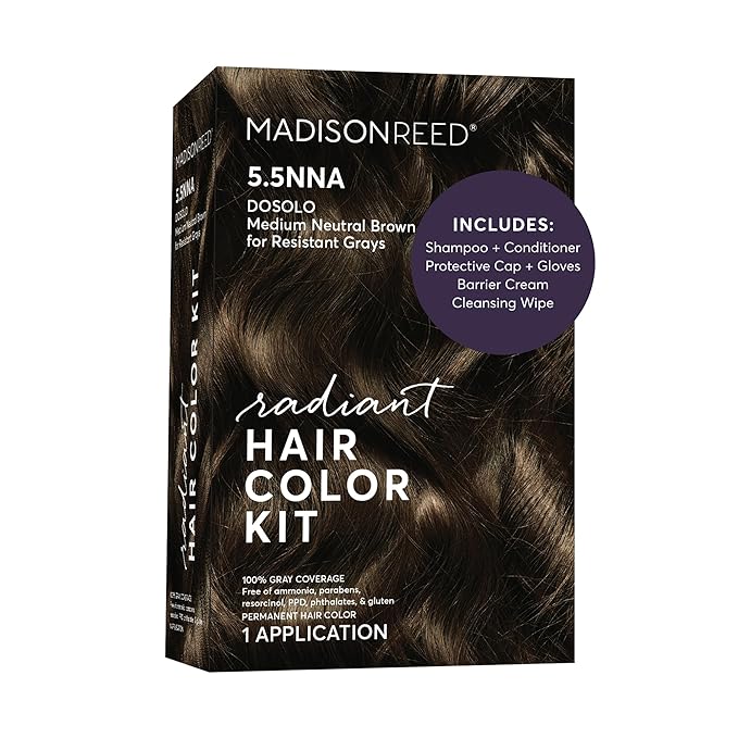 Madison Reed Radiant Hair Color Kit - 5.5NNA Dark Neutral Brown (Dosolo), 100% Gray Hair Coverage Permanent Hair Dye for Resistant Grays | PPD-Free & Ammonia-Free, 1 Pack
