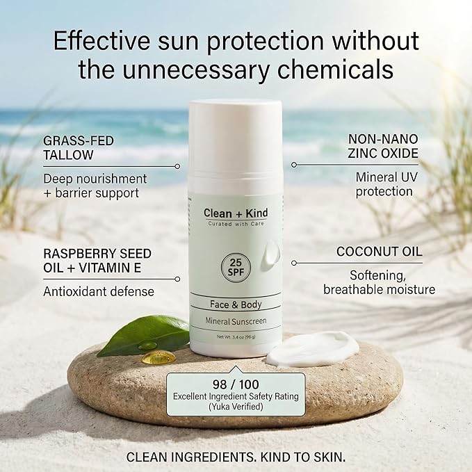 Tallow Sunscreen SPF 25 — Travel Size Mineral Sunblock with Non-Nano Zinc Oxide, Reef-Safe Body Sun Protection, No White Cast (3.4 oz)