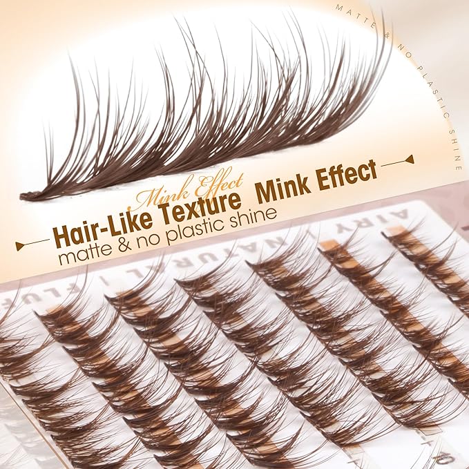 Brown Lash Clusters 8-10MM Short Natural Individual Eyelashes Wispy Fluffy Spider Cluster Eyelash Extensions with C-Curly & Ultra-Fine Clear Band, Featherlight, "Less is More", Glasses-Friendly
