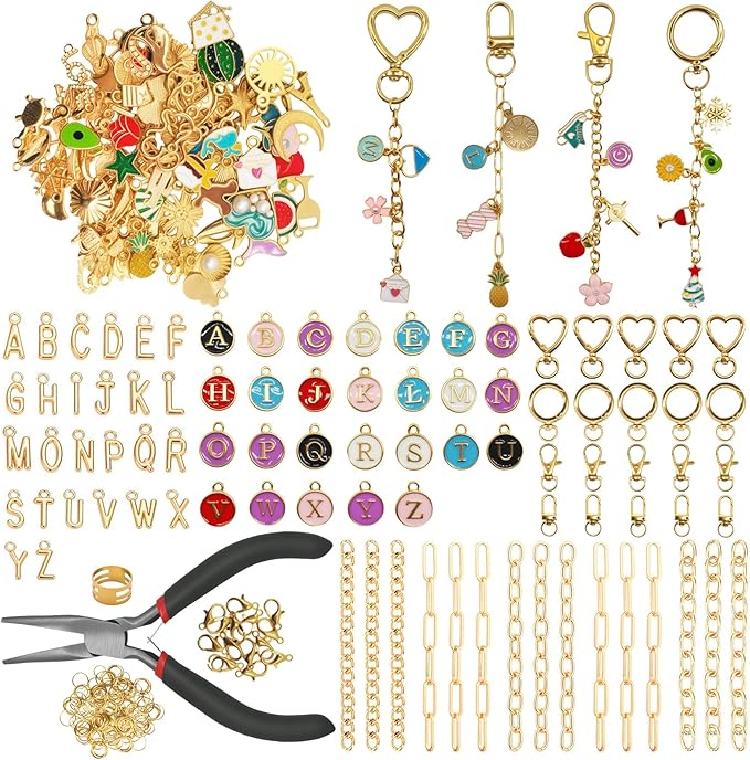 Aucscott Lip Gloss Charm Kit, Make Your Own Keychain Kit for Girls - DIY Jewelry Decorating Craft Kits with A-Z Letter Charms for Custom Key Chain Lipgloss Lip Balm Earring Purse Bag Handbag