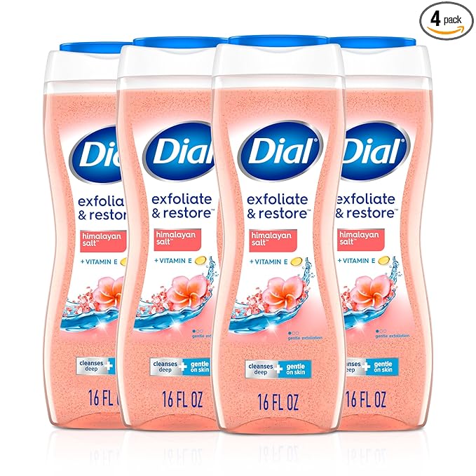 Dial Body Wash, Exfoliate & Restore Himalayan Salt, 16 Fl Oz (Pack of 4), Hydraclean Complex & Vitamin E, Gentle, Leaves Skin Feeling Nourished, Dermatologist-Tested, No Parabens & Sulfates