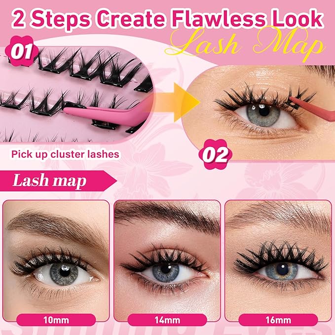 PROLASHBEAUTY Self Adhesive Eyelashes Fox Lash Clusters Self Adhesive Lashes No Glue Needed Lashes 10-16MM Pre Glued Eyelashes Clusters with Anti-Stick Tweezer(Fox,10-16mix)