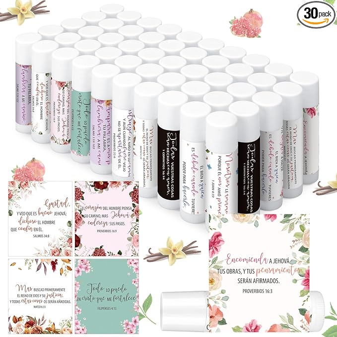 30 Pcs Spanish Christian Gifts for Women Religious Lip Balm Bulk Spanish Bible Verse Mother's Day Gifts for Women Faith Religious Scripture Church Party Favor for Coworker Employee