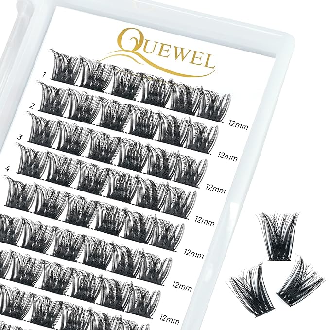 QUEWEL Lash Clusters 72 Pcs Wide Stem Individual Lashes C/D Curl 8-16mm Length DIY Lash Extension Soft False Eyelashes Wispy Cluster Lashes Easy to Create Natural Look At Home(Honey01-D-12mm)