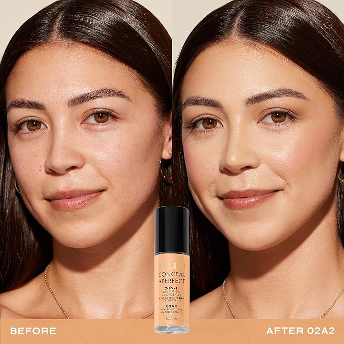Milani Conceal + Perfect 2-in-1 Foundation + Concealer for a Flawless Complexion, Under Eye Corrector, Cover Redness and Imperfections, Waterproof and Sweatproof - 02A2-Warm Natural