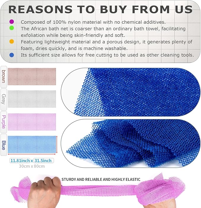 4 Pieces African Net Sponge for Deep Exfoliation – African Net Sponge Authentic, Exfoliating Washcloth, Quick-Drying African Net for Smooth & Glowing Skin(Brown, Blue, Purple,Grey)