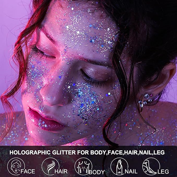 Glow in The Dark Body Face Glitter Gel for Women, 6 Colors Glitter Gel Makeup Chunky Fine Glitter, UV Black Light Accessories for Body/Face/Hair/Eyeshadow, Carnival Party(Not Loose Glitter)