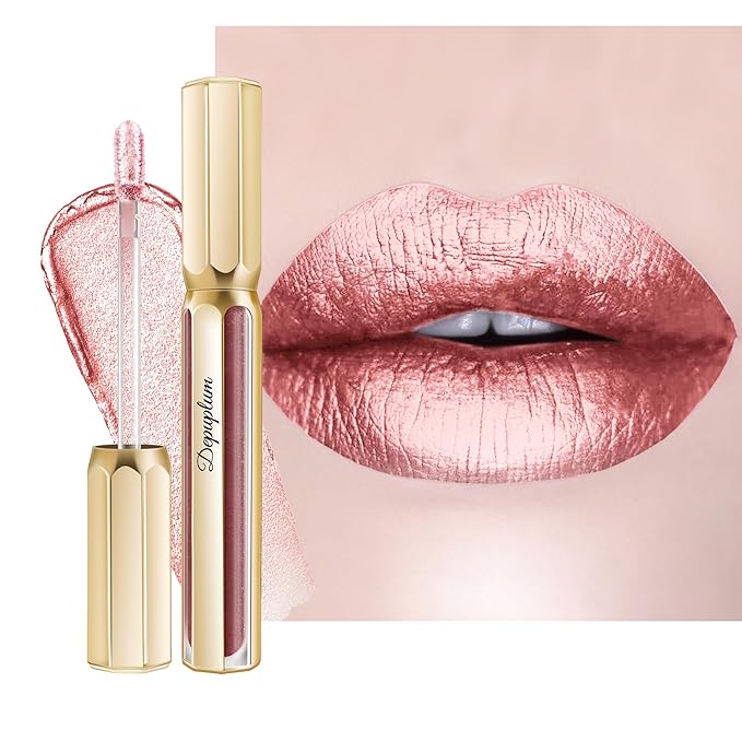 Depuplum Nude Pink Lipsticks for Women Metallic Lipstick Long Lasting Shimmer Lip Gloss Metal Shine Glitter Waterproof Lipsticks Full Coverage Lip Color for Mother's Day,DP106 Prose