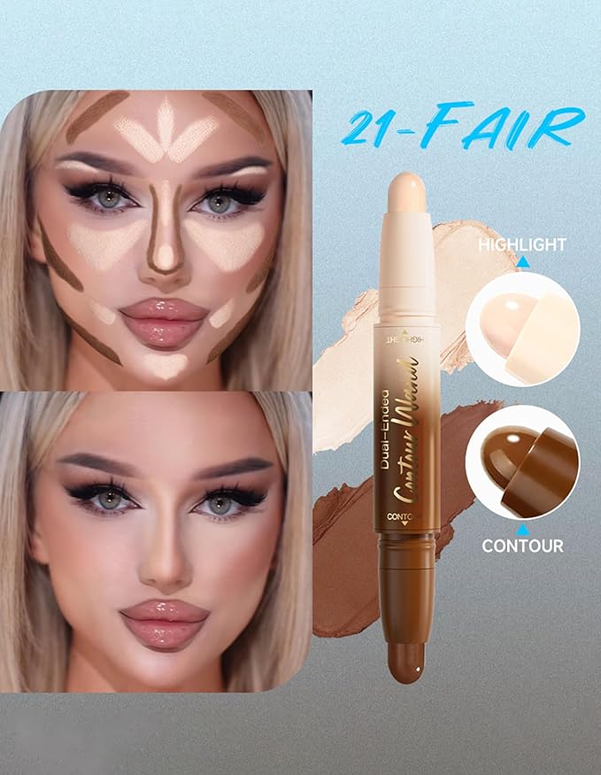 Erinde Dual-Ended Contour Stick, 2-In-1 Nose Contour & Highlighter Pen, Creamy, Buildable and Easy to Apply, Long Lasting Waterproof Cream Bronzer & Highlight Sticks, 21 Fair