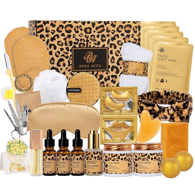 32 Pcs Mother's Day Gift for Mom, Leopard Facial Skin Care Set for Women, Home Spa & Self-Care Kit, Bath and Body Gift Basket Set, Face Sheet Mask, Wife, Birthday, Christmas, Valentines, Anniversary