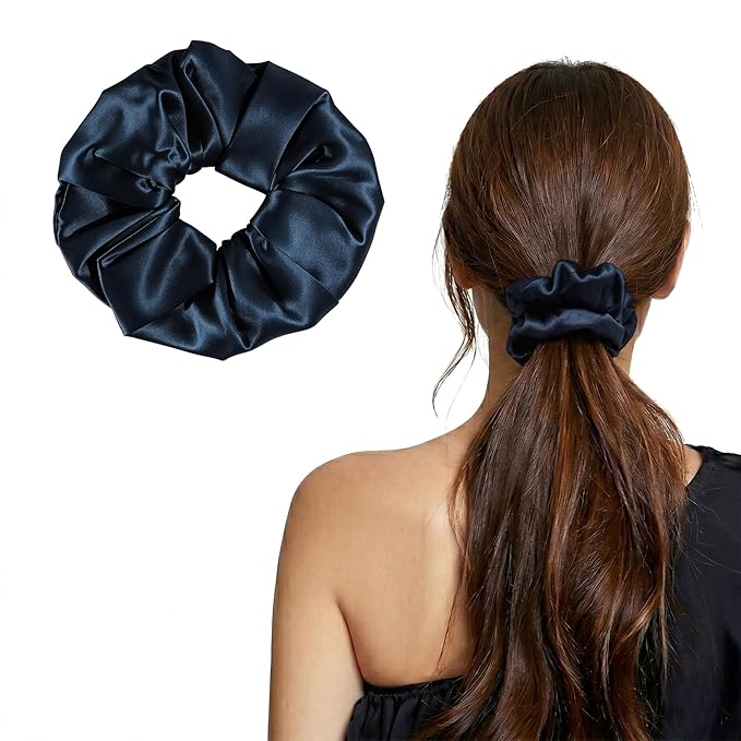 ZLYC 100% Mulberry Silk Hair Tie Scrunchie 19 Momme Gentle Creaseless Dent-Free Ponytail Holder for Women, 6cm Solid Navy