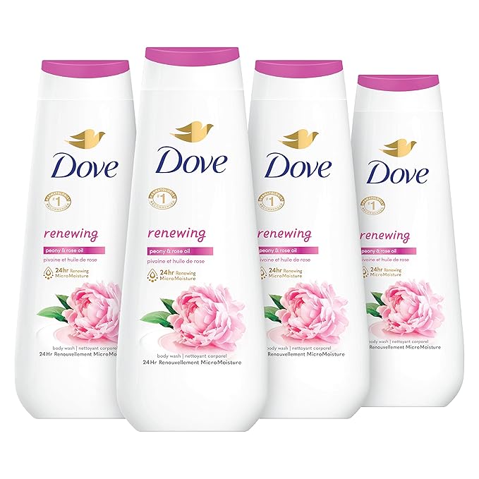 Dove Body Wash 4 Count Renewing Peony and Rose Oil and Body Scrub 3 Count Himalayan Salt & Rose Oil