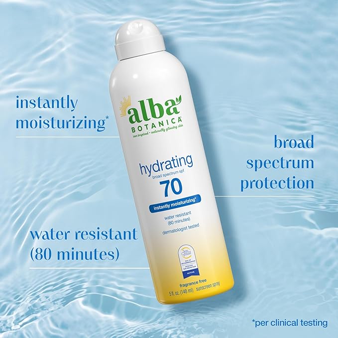 Alba Botanica Hydrating Sunscreen Spray for Face and Body, Broad Spectrum SPF 70 Sunscreen, Water Resistant, 5 Fl. Oz. Bottle