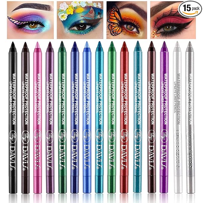 LemonSac 15PCS Colorful Eyeliner Pen Set, Eye Shadow Pencil, Pearl & Matte Metallic Glitter Eyeliner for Women, Eye & Lip Liner, Professional Eye Makeup Set