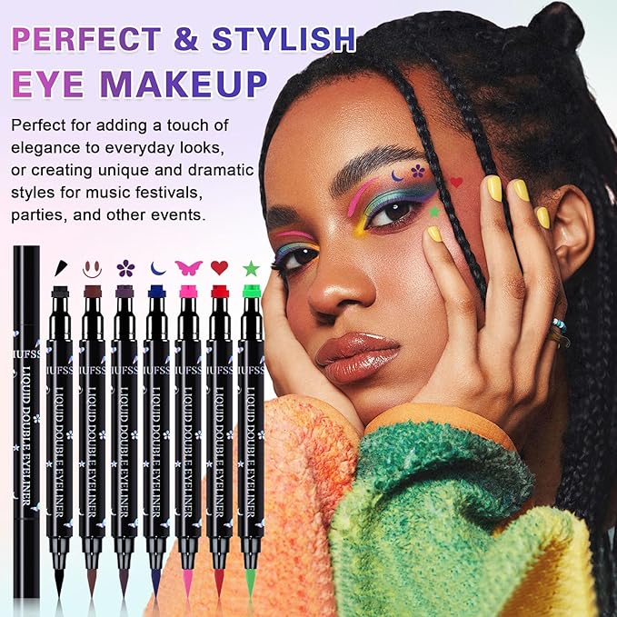 7PCS Colorful Eyeliner Stamp Set,Double-headed Liquid Eyeliner Pencil Face Stamps Makeup,Long-lasting Delineador de Ojos Contra el Agua