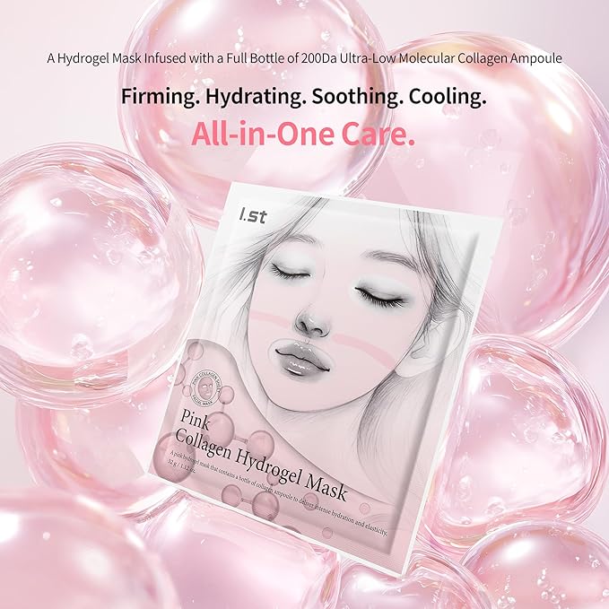 I.st Pink Collagen Hydrogel Face Mask, Ampoule-Infused Korean Sheet Mask, Cooling Hydration, Firm-Looking Glow, 1.12 Oz x 5ea