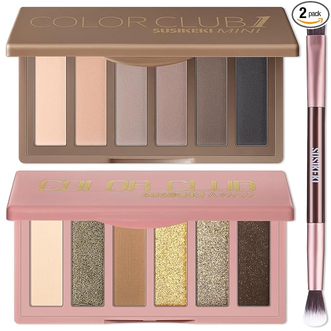SUSIKEKI 2PCS 6 Colors Mini Eyeshadow Palette Makeup with Brush Set Neutral Nude Eye Shadow Brown & Olive-colored Matte Shimmer Make Up Pallet with Mirror Highly Pigmented Travel Size Gift Kit