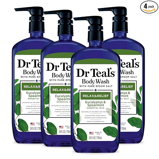 Dr Teal's Body Wash with Pure Epsom Salt, Relax & Relief with Eucalyptus & Spearmint, 24 fl oz (Pack of 4)