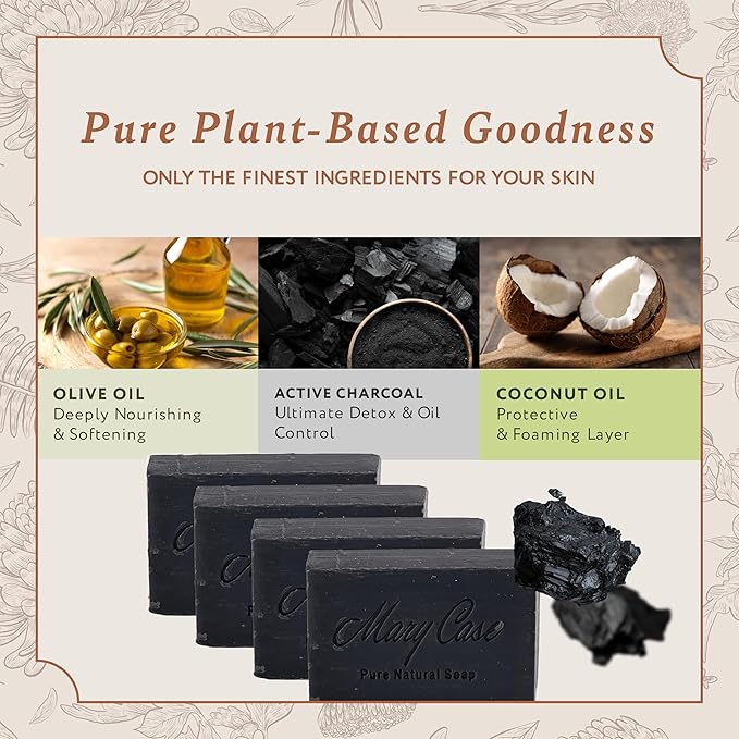 Mary Case Activated Charcoal Bar Soap Set of 4 | Natural Soap with Olive & Coconut Oils | Vegan Bath Soap for Men & Women | Deep Cleansing, Detoxifying Pores & Removing Impurities