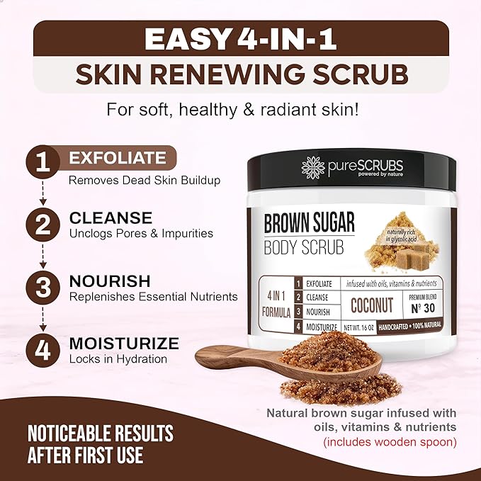 pureSCRUBS Premium Coconut Brown Sugar Scrub | Face, Feet & Full Body Scrub | Large 16oz Jar Includes Wooden Spoon, Loofah & Mini Exfoliating Bar Soap