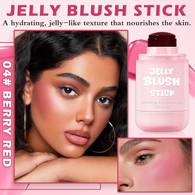 Jelly Blush for Checks,Eyes & Lip Stain 3-in-1 Long-Lasting Hydrating Jelly Tint Lightweight Sheer Blush Buildable Color Lip Tint Face Blushes Makeup# Berry Red