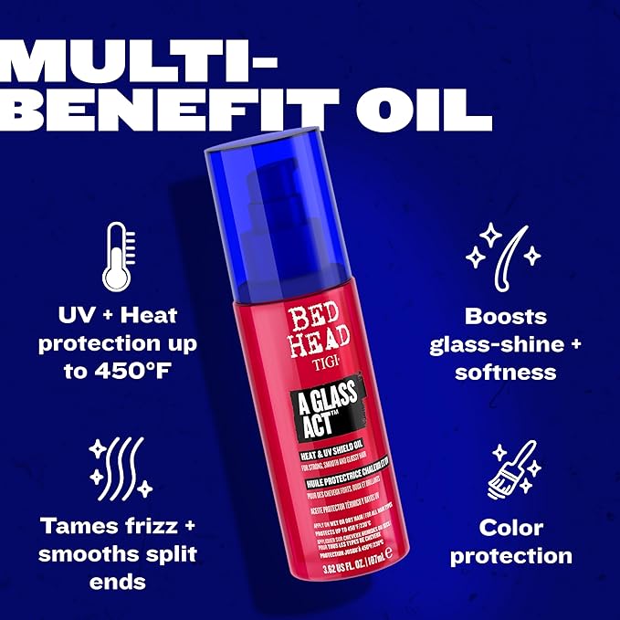 Bed Head by TIGI A Glass Act Multi-Tasking Heat Protectant Oil with UV & Color Defense, Anti-Frizz & Glass-Shine Finishing, 3.62 fl oz