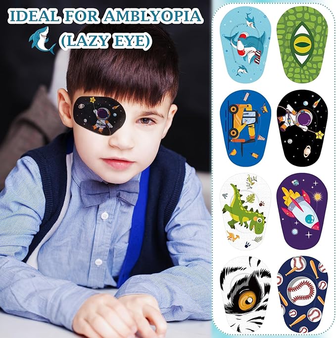 Siifert 80 Pcs Latex Free Adhesive Eye Patches for Kids Latex Free Disposable Cute Adhesive Bandages for Amblyopia Light Blocking Lazy Eye Toddler Boys Girls, 8 Styles