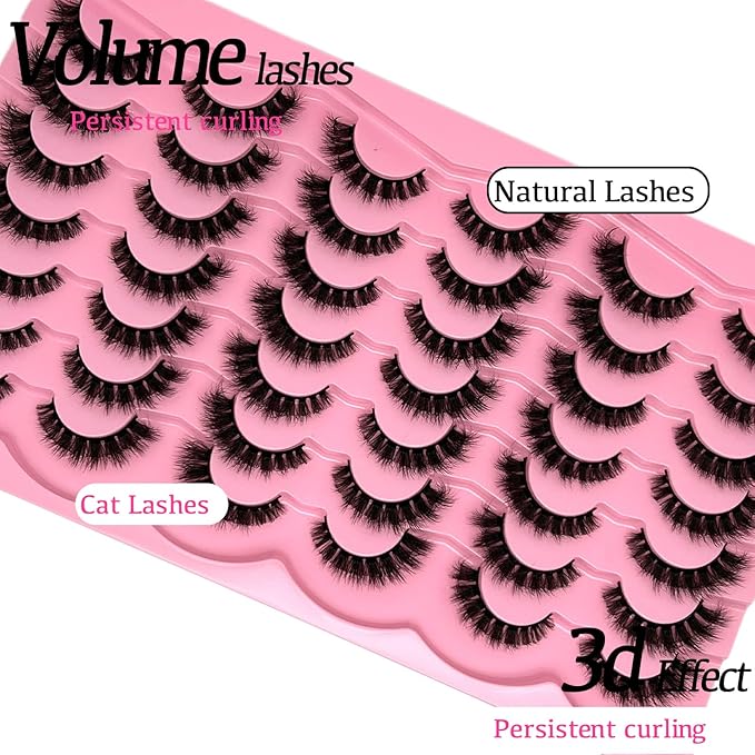 Short Fluffy Lashes Cat Eye 21 Pairs Natural False Strips Lashes Pack Wispy 3D Faux Mink Eyelashes