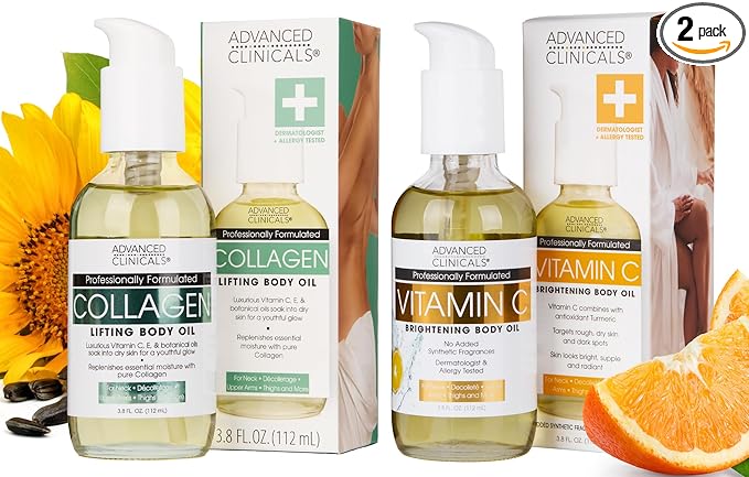 Advanced Clinicals Collagen Body Oil + Vitamin C Brightening Body Oil Moisturizer 2pc Skincare Set - Nourishing, Brightening, & Firming Massage Oil To Improve Look Of Crepe Skin + Dark Spots, 2PC Set