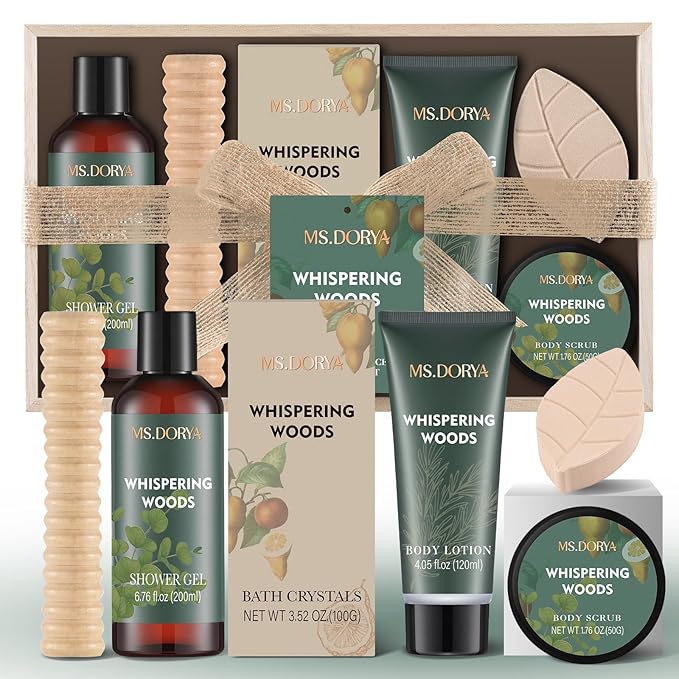 Birthday Spa Gift Set for Her - 6Pcs Bath and Body Kit with Shower Gel, Body Lotion, Bath Salt, Scrub, Massage Stick - Whispering Woods Spa Basket for Women Mom Wife Girlfriend