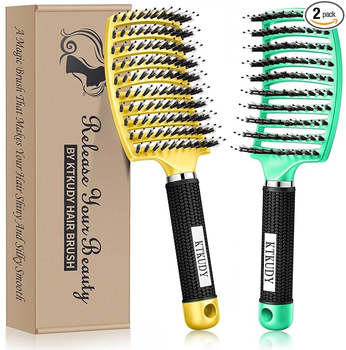 KTKUDY Detangling Brush Getting Knots Out without Pain - Boar Bristles HairBrush Make Hair Shiny & Healthier Vented Detangler Brush for Women Men Kids Wet and Dry Hair (Yellow & Green)