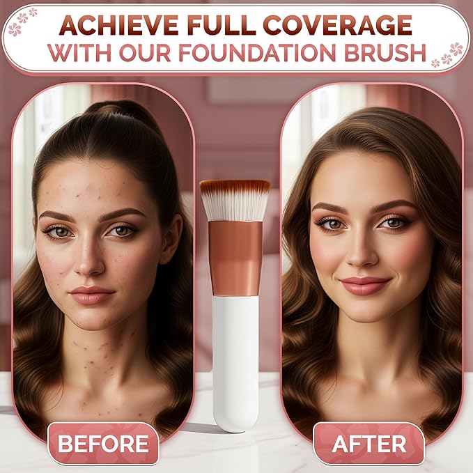 Flat Top Kabuki Foundation Brush – Even-Tone Skin in Seconds, Dense Synthetic Bristles, Aluminum & Plastic Handle, Streak-Free Full Coverage Finish – Makeup Foundation Brush for Liquid, Cream, Powder