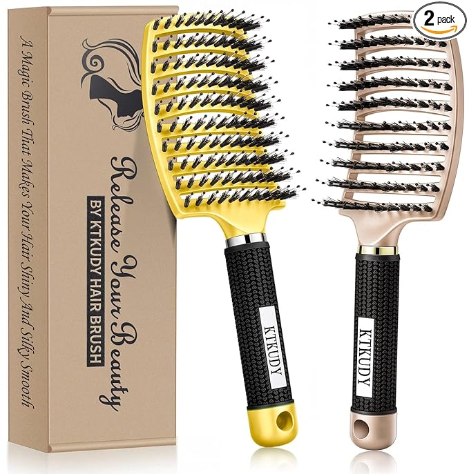 KTKUDY Detangling Brush Getting Knots Out without Pain - Boar Bristles HairBrush Make Hair Shiny & Healthier Vented Detangler Brush for Women Men Kids Wet and Dry Hair (Yellow & Gold)