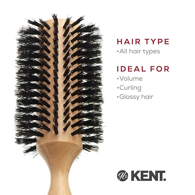 Kent PF09 Large Round Curling Brush with Hard Natural Boar Bristle - Hair Drying Brush and Blowout - Round Brushes for Dry Hair - For Shoulder Length or Shorter Hairs