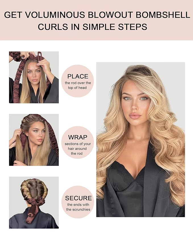Jumbo Heatless Curls Overnight Hair Curler to Sleep In Soft Large Hair Rollers for Long Hair Blowout Look No Heat Overnight Curls, Satin Flexi Rods for Big Curl Heatless Curling Rod Set with Clip