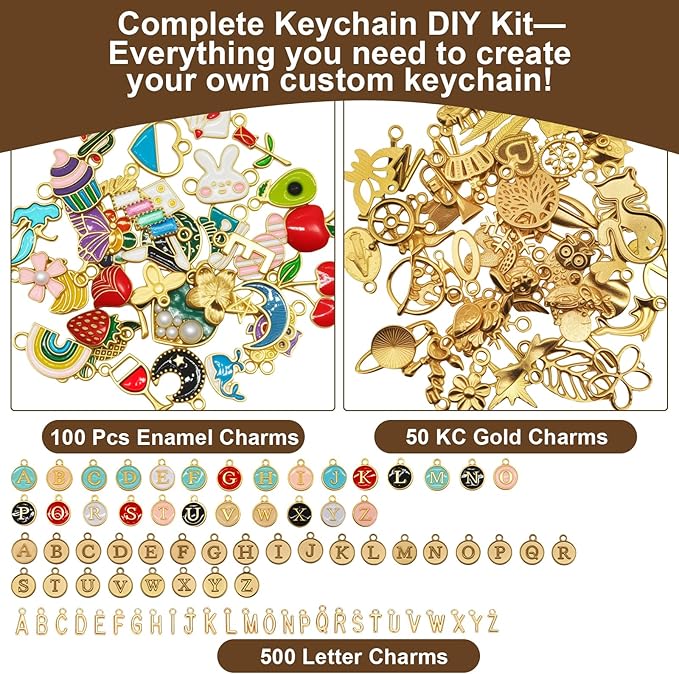 Aucscott Lipgloss Keychain Making Kit with Charms for Gilrs Adults, DIY Keychain Supplies Jewelry Craft Kits with A-Z Letter Charms for Custom Bag Phone Key Chain Lip Balm Earring Purse Handbag