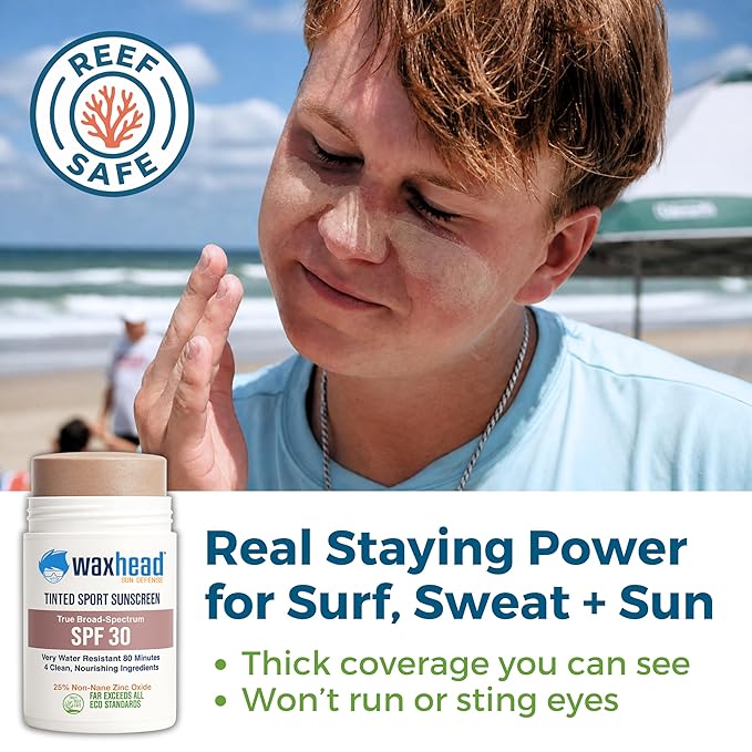 Waxhead Tinted Zinc Oxide Sunscreen Stick SPF 30, 3.7oz, 25% Non-Nano Zinc Oxide, 4 Food-Grade Ingredients, Sweat & Water Performance, Reef-Safe Mineral Face Stick for Kids & Sensitive Skin
